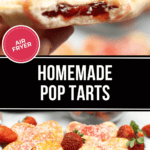 A close-up of delightful homemade pop tarts with luscious strawberry filling, sprinkled with sugar crystals, surrounded by fresh strawberries. An air fryer badge is proudly displayed on the image.