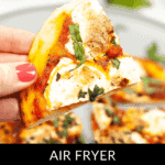 A hand holds a slice of Pizza Margherita topped with cheese, tomato sauce, basil, and mushrooms. Text below reads: "Air Fryer Delight.