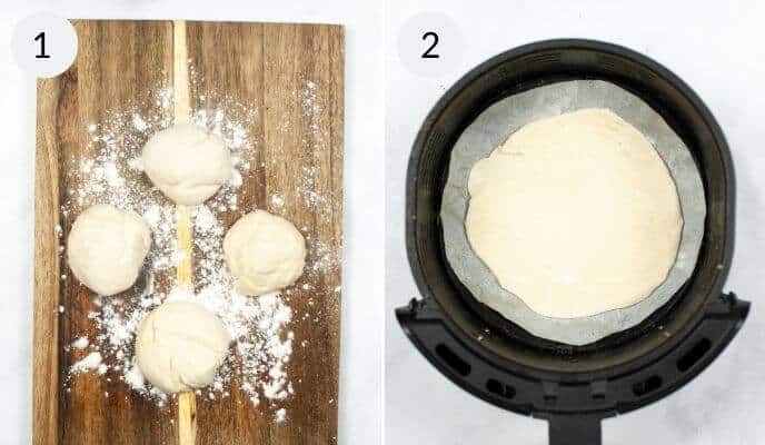 Image split: Left shows five dough balls on a floured wooden board, ready for transformation into delicious Pizza Margherita; right shows a rolled-out dough circle in an air fryer basket, setting the stage for a perfect bake.