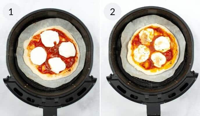 Side-by-side comparison of two Mini Margherita Pizzas in an air fryer. The first is uncooked with raw toppings, and the second is beautifully cooked with melted mozzarella and browned edges.