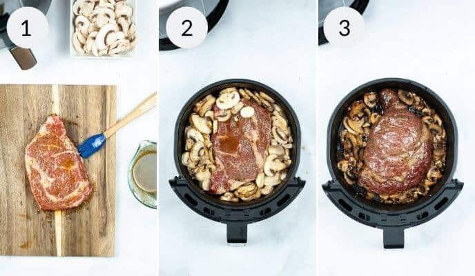 A three-step process reveals a raw seasoned ribeye steak next to mushrooms, followed by the steak with mushrooms in an air fryer, and finally showcases the perfectly cooked steak with mushrooms fresh from the pot.