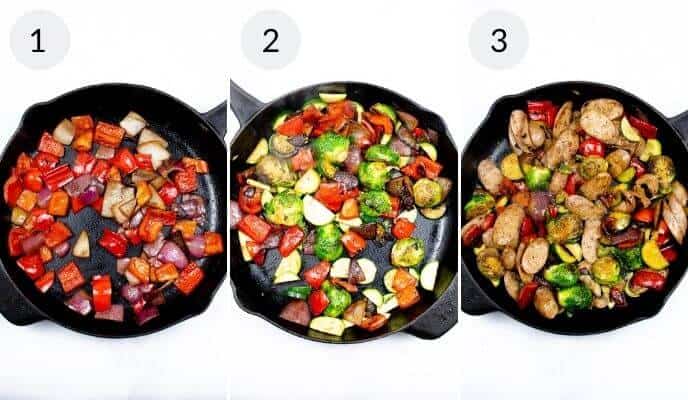 Three images illustrating a savory recipe with chicken apple sausage: 1) Red onions and bell peppers. 2) Zucchini and Brussels sprouts join the medley. 3) The flavorful dish is completed with sliced chicken apple sausage.