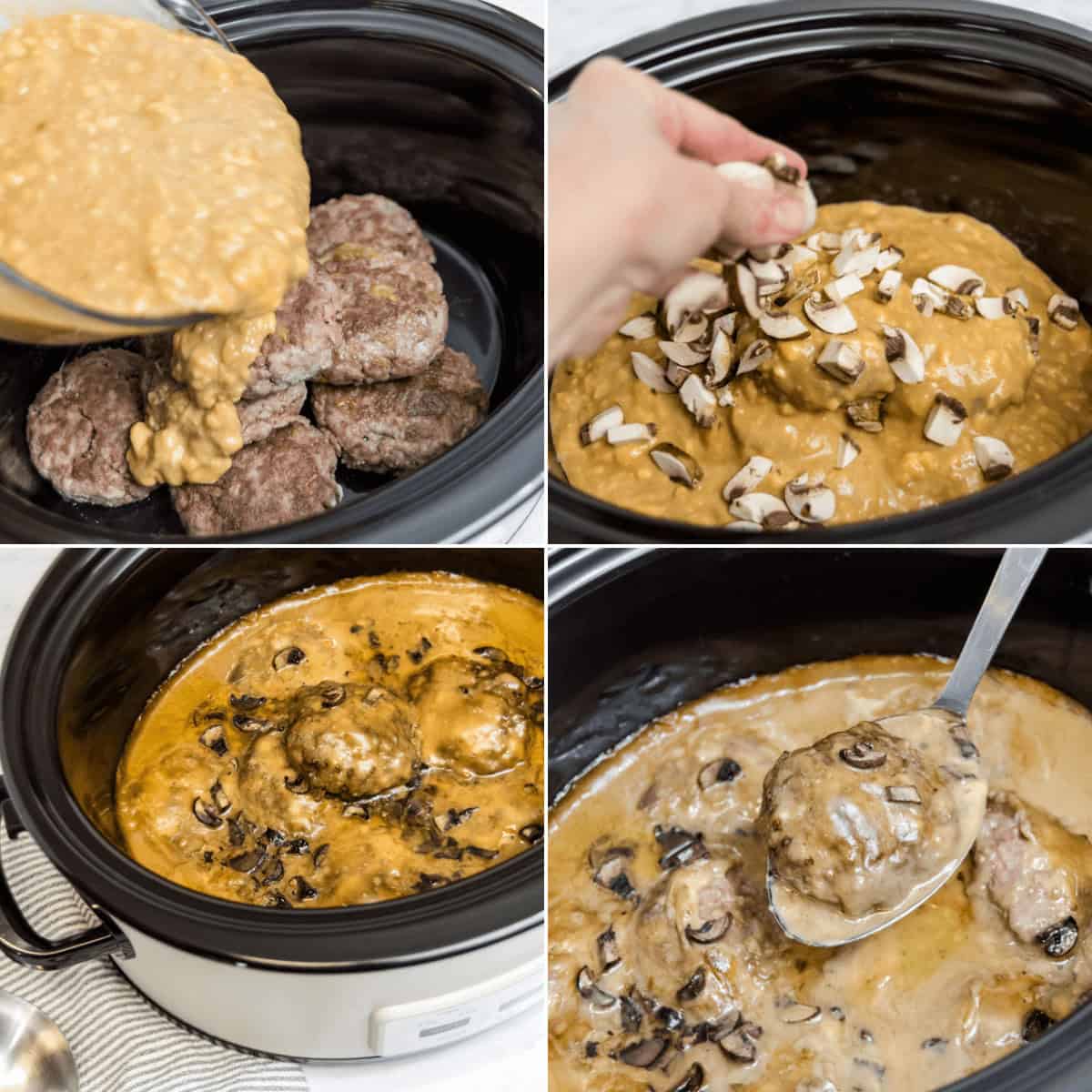 Pouring the gravy mixture over the beef and cooking the crock pot salisbury steak.