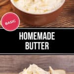 A rustic bowl of creamy homemade butter rests on a wooden surface, accompanied by fresh bread slices and a shining spreading knife.