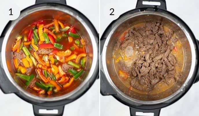 Two shots of instant pot. One with uncooked ingredients and onw with cooked cheesesteak filling.