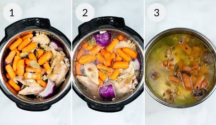 Three steps for making Instant Pot chicken bone broth: 1) Combine raw chicken, carrots, onions, and spices. 2) Add water to the ingredients. 3) Enjoy the cooked broth with tender chicken, visible carrots, and onions.