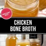 Jars of savory Instant Pot Chicken Bone Broth rest on the counter, surrounded by fresh carrots and zesty ginger.