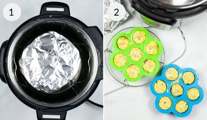 Foil covered egg bite pans and the finished egg bites in their molds.