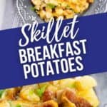 Top shot of breakfst potatoes and a cloe up of the breakfast potatoes with cheesee