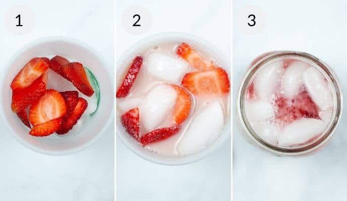 Three-step process of making a strawberry-flavored drink reminiscent of the Starbucks Pink Drink. Step 1: Sliced strawberries in a bowl. Step 2: Add ice and milk to sliced strawberries. Step 3: Pour the finished drink into a glass jar with ice and enjoy!