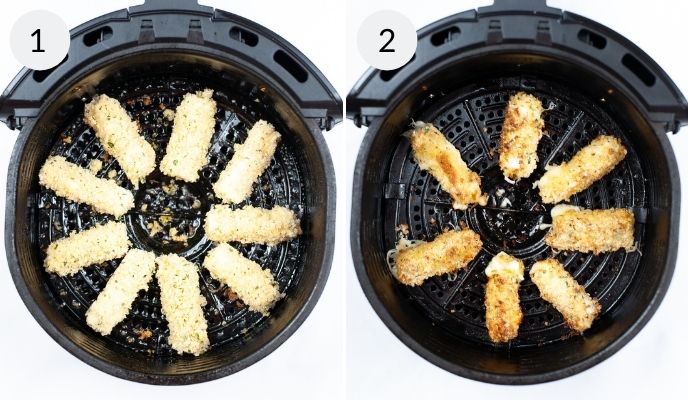 Sticks in the air fryer before and after cooking.