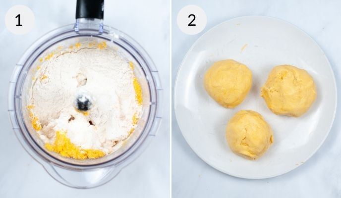 Food processor with all the ingredients in, before and after mixing.