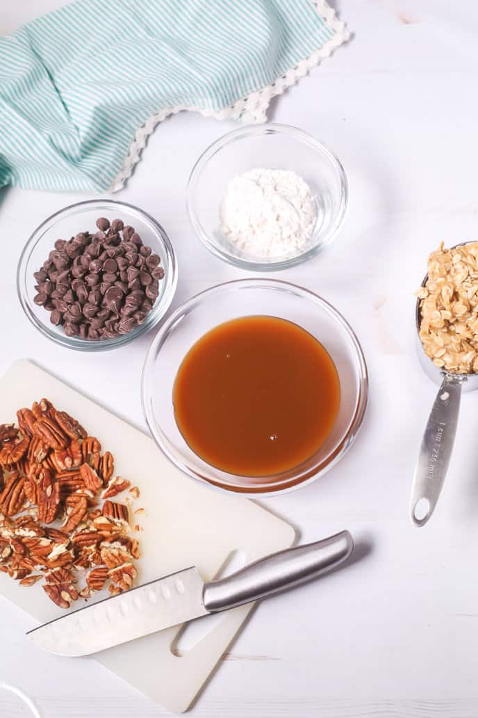 Ingredients for topping for the chocolate Caramel Oatmeal Square.