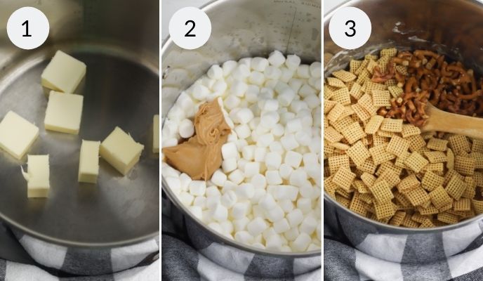 Butter melting in a pan, next picture marshmallows added and finally the cereal added.