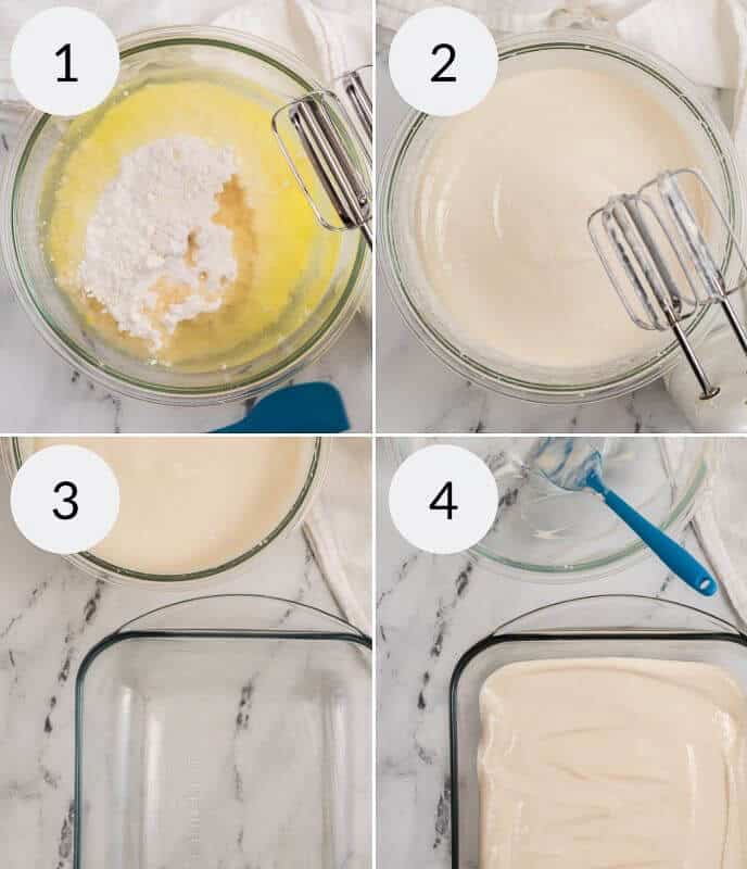 A four-step collage showing the process of mixing ingredients for a 4th of July Poke Cake batter: Step 1 ingredients in a bowl, Step 2 mixed batter, Step 3 fully blended batter, Step 4 batter poured into a glass baking dish.