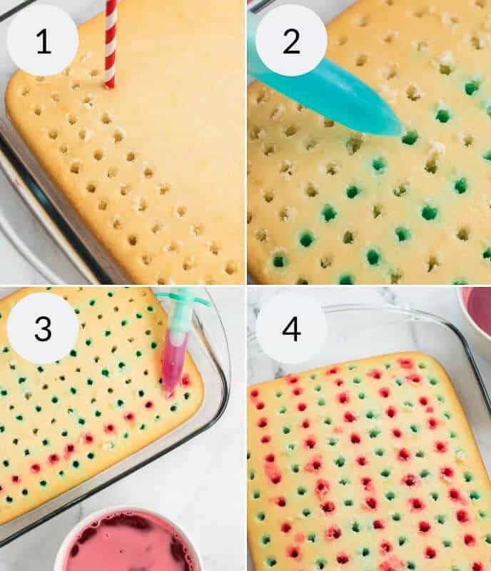 Step-by-step tutorial for making a 4th of July Poke Cake: Step 1: poke holes with a straw; Step 2: fill holes with green liquid; Step 3: fill more holes with red liquid; Step 4: finish the cake, revealing colorful dots.