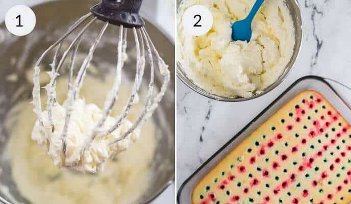 Left: A whisk with cream cheese mixture. Right: A bowl with cream cheese mixture and a baking tray with a dotted design dessert, perfect for a 4th of July Poke Cake.