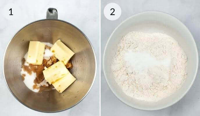 Image showing two mixing bowls. Bowl 1 contains butter, sugar, and spices, setting the stage for a delightful pizookie. Bowl 2 holds flour and baking powder, ready to be combined into a sweet treat masterpiece.