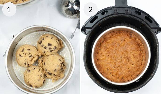 Side-by-side images showing (1) chocolate chip cookie dough in a round pan and (2) a freshly baked pizookie in the pan inside an air fryer.