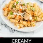 Plate of creamy chicken pasta salad topped with sliced green onions and crumbled cheese, creating a perfect blend of flavors.