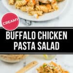 Three plates of chicken pasta salad garnished with sliced green onions and crumbled cheese, styled on a marble surface. A wooden spoon and serving bowl of the buffalo chicken pasta salad are in the background.