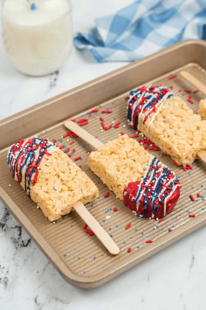 A Chocolate covered rice krispy treat for the 4th of July.