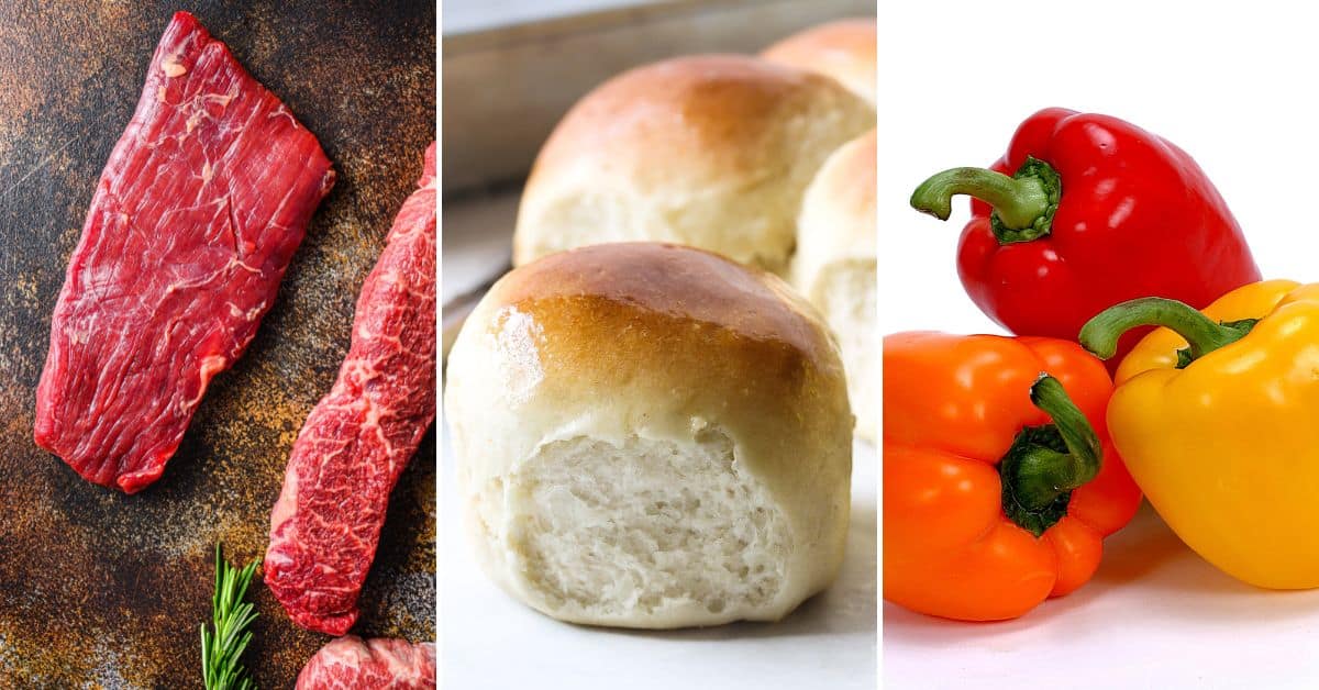 A tempting display features raw beef cuts, fresh bread rolls, and vibrant bell peppers in red, yellow, and orange hues arranged side by side.