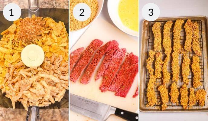 Three-step finger steaks preparation: 1) Cornflakes and seasoning in a food processor. 2) Sliced beef on a cutting board with breading ingredients. 3) Breaded beef strips on a baking tray.