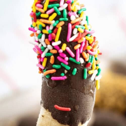 Chocolate frozen banana on a stick with sprinkles.