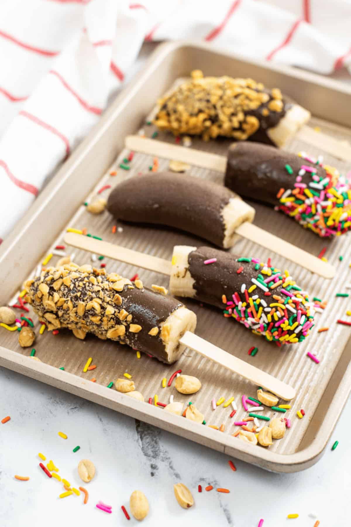 A top shot of the bananas in chocolate.
