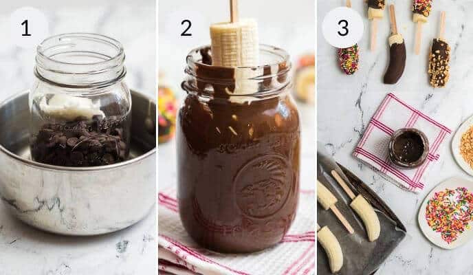Dipping the bananas in the chocolate and then freezing.