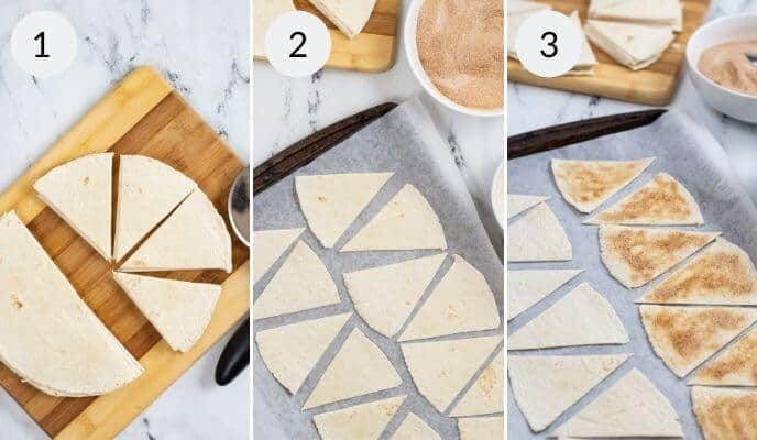 Three-step process of making tortilla chips: 1. Tortillas cut into triangles on a cutting board. 2. Triangles placed on a baking sheet. 3. Chips sprinkled with seasoning and ready to be baked, perfect for pairing with fresh fruit salsa.