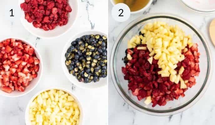 Step 1: Four bowls containing chopped strawberries, blueberries, and pineapple. Step 2: A glass bowl with the mixed fruits from the previous step, creating a vibrant fruit salsa.