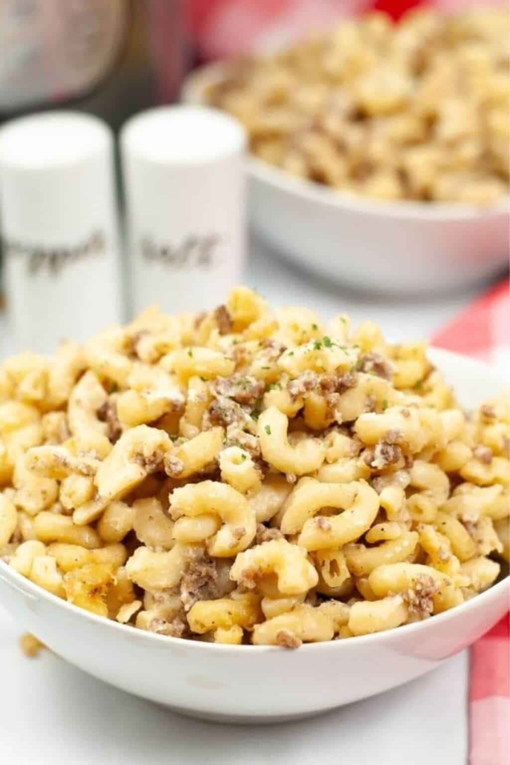 A plate of instant pot cheeseburger macaroni on a white plate.