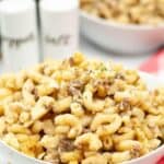 A plate of instant pot cheeseburger macaroni on a white plate.