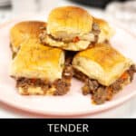 Plate of irresistible steak sliders with cheese on buns, featuring the text "Tender Instant Pot Steak Slider Delights.