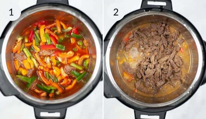 Two side-by-side images of an Instant Pot. Left: Colorful peppers and meat in broth. Right: Cooked beef with sauce, perfect for steak sliders.