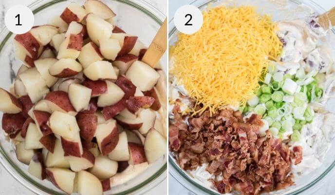 Two images: 1) chopped red potatoes in a bowl. 2) bowl with shredded cheese, sliced green onions, bacon bits, and cream for the Loaded Baked Potato Salad.