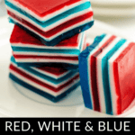 Several red, white, and blue layered Jello squares stacked on white plates. The text "Red, White & Blue Patriotic Layered Jello" is displayed at the bottom, highlighting these festive treats.