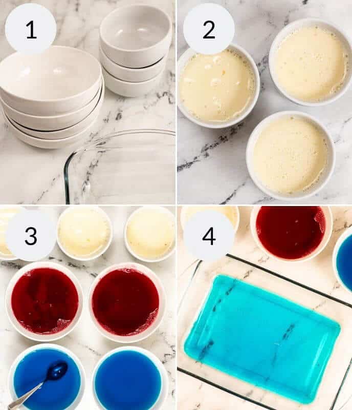 Four-step process of making a layered dessert: 1) Stack of empty bowls. 2) Two bowls filled with liquid mixture. 3) Bowls with red and blue liquid. 4) Layered Jello in a rectangular dish.
