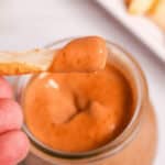 A fry dipped in the campfire mayo condiment.