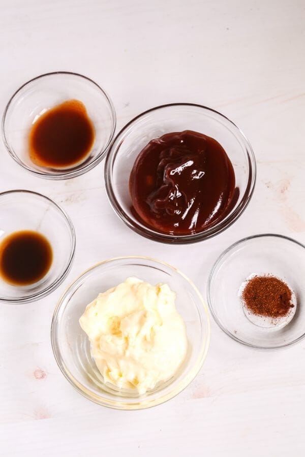 Mayo, BBQ sauce and ingredients for the sauce for onion rings.