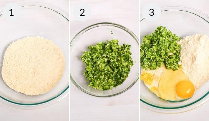 Mixing the ground meat and breadcrumbs to make the meatballs.