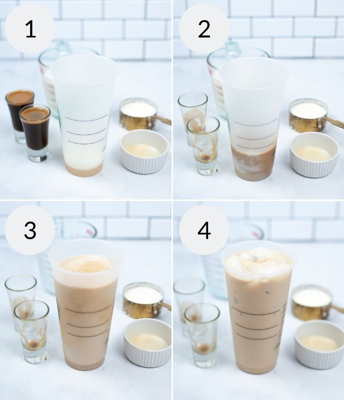 Process of making iced coffee with pictures of the ingredients being added.