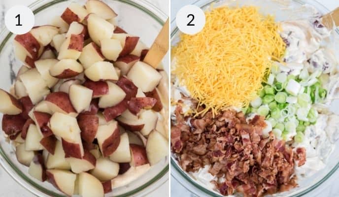 Potatoes in a bowl and final ingredients added to make the loaded potato salad.