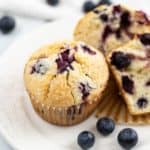 blueberry muffins on a white plate.