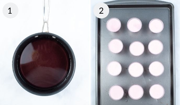 Image split into two parts: 1) A pot containing a dark liquid, possibly a reduction or sauce. 2) A baking sheet with 12 light pink cupcakes or similar dessert items, which resemble Strawberry Jello Shots in both color and texture.