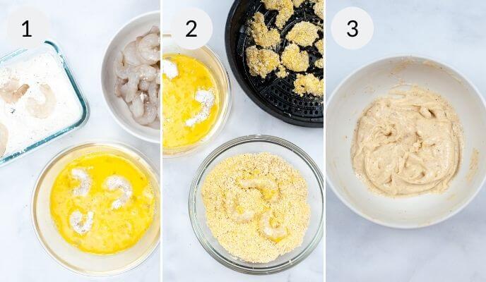 Three-step process for preparing shrimp for a po' boy sandwich. Step 1: Raw shrimp in batter; Step 2: Shrimp coated with breadcrumbs in a bowl; Step 3: Prepared dipping sauce in a separate bowl.