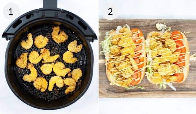 Image split in two: Left shows seasoned shrimp sizzling in an air fryer basket. Right displays two delectable shrimp po boy sandwiches with lettuce, tomato, and sauce on a rustic wooden board.
