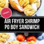 Two crispy shrimp po' boy sandwiches, brimming with fresh lettuce and ripe tomato, are drizzled to perfection on hoagie rolls and elegantly placed on a plate.